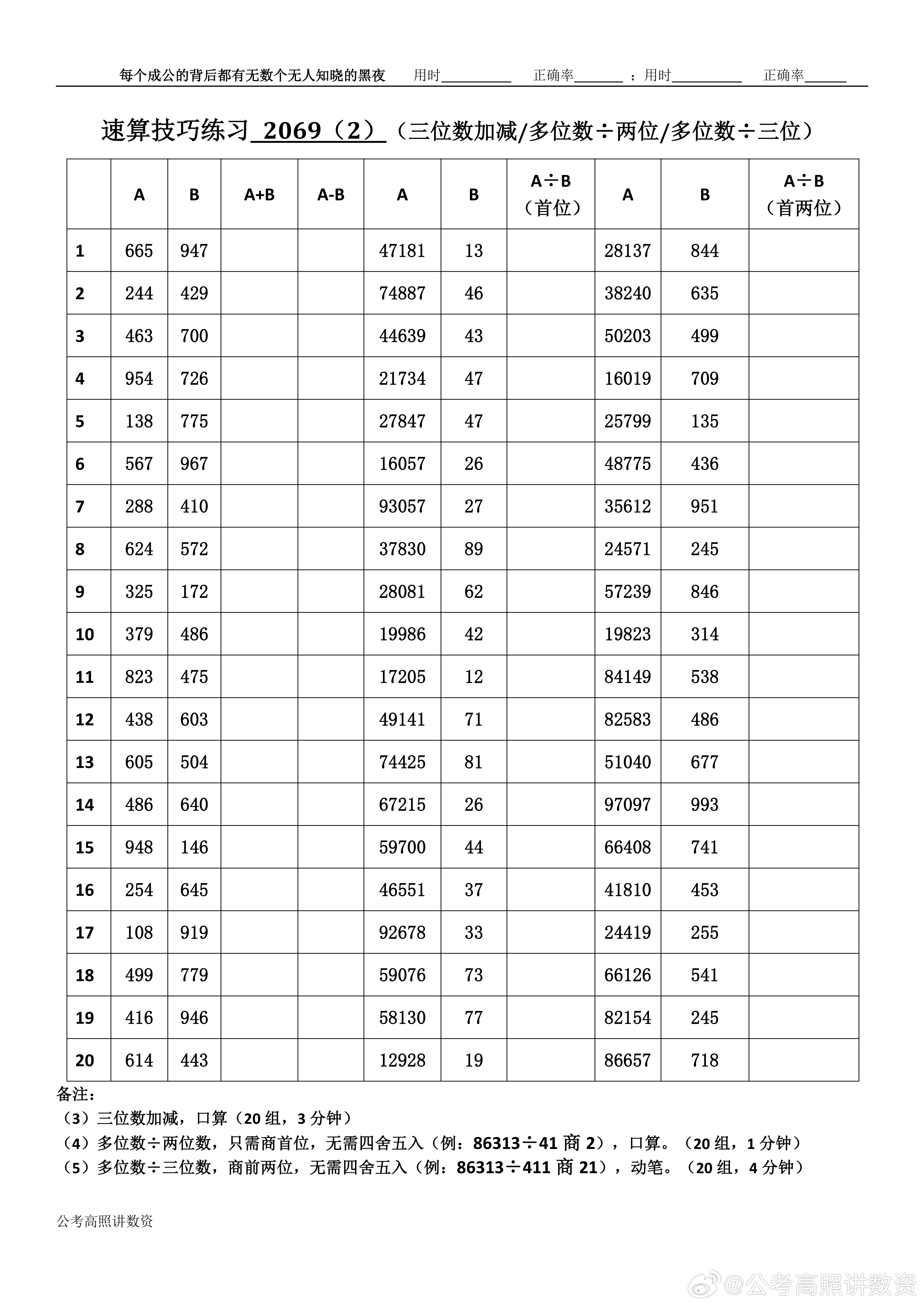 跟着高照练速算决战公考  速算练习2069相信自己，努力学习。速算链接汇总：网页