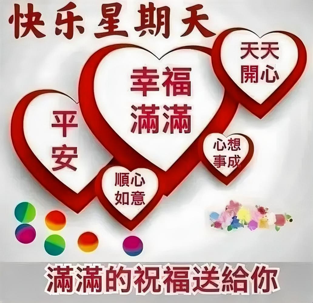 快乐星期天，幸福满满送给你！平安顺心，天天开心，心想事成，好运爆棚！
分享每日正