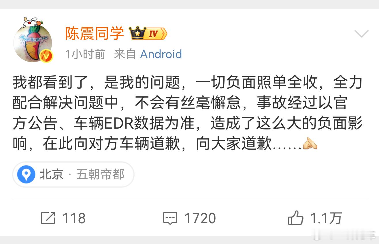 陈震致歉我觉得坦坦荡荡就挺好，事故以官方定论为准，这个肯定不是小事故，但那也一样