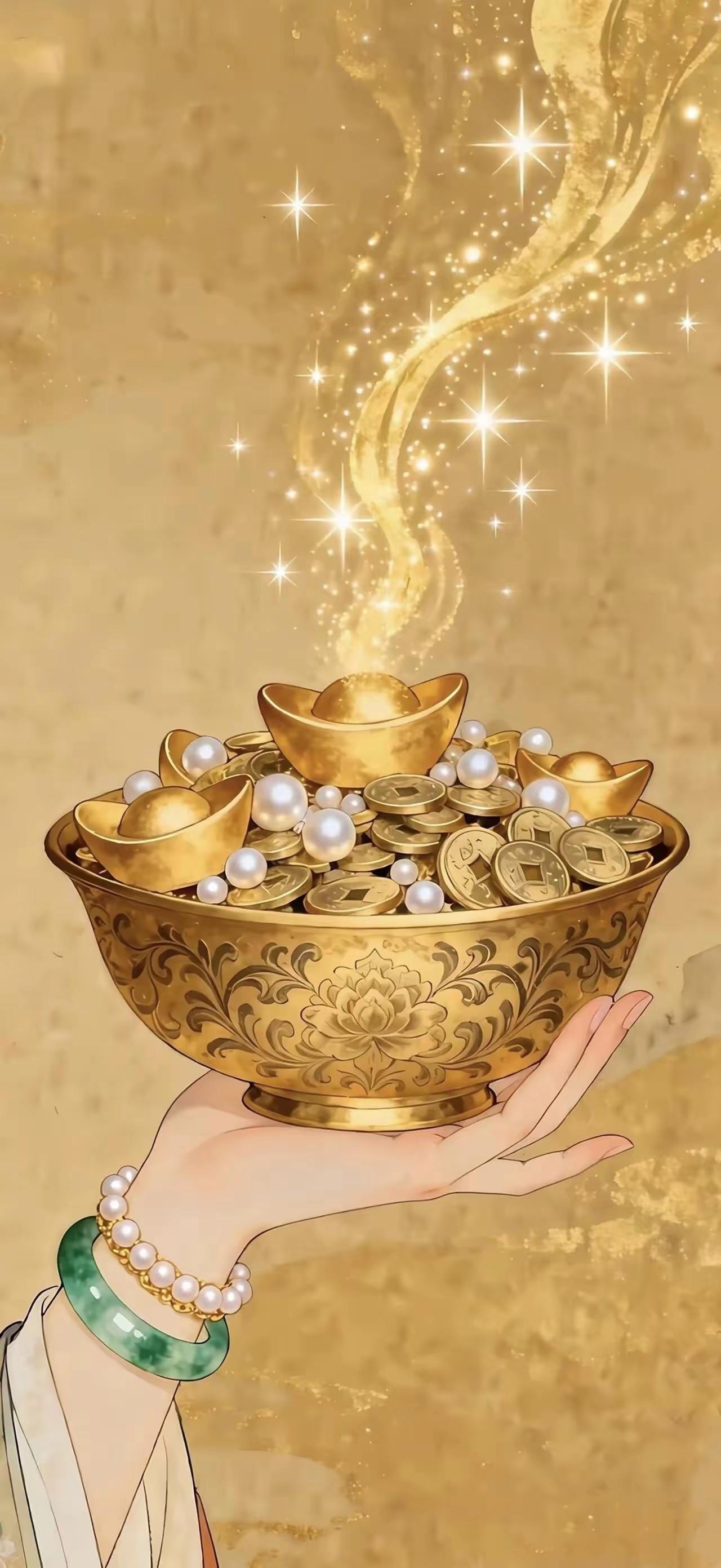 招财纳福壁纸～一捧金盏纳乾坤，满盛元宝聚福财。流光漫卷星光，富贵盈满掌心，愿财源