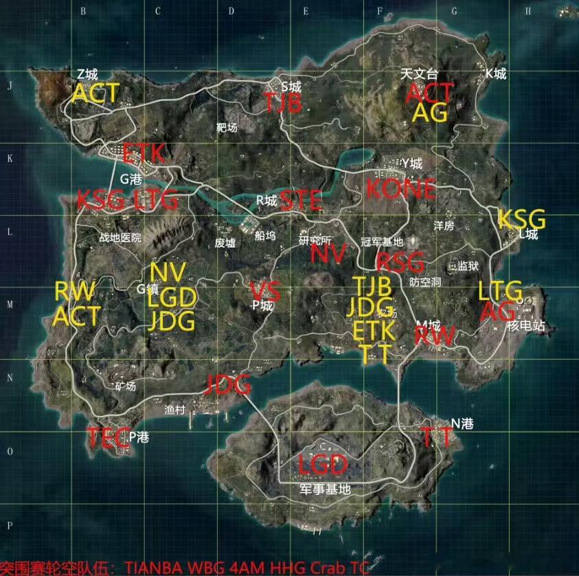 和平精英职业联赛2026PEL夏季赛常规赛第七周突围赛，各参赛队跳点图，仅供参考
