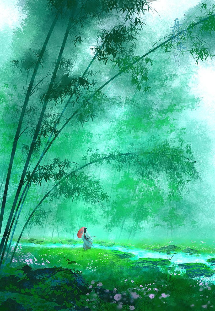 古风场景 还是给客厅画的装饰画，好爱绿色，但绿色还是太难掌握了，还没下印，大家觉