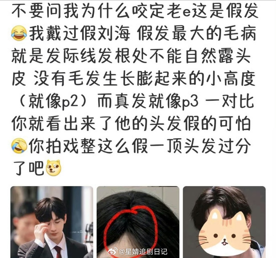 专业假发博主说过成毅的头套好多次了，都不用这么复杂！他发旋从后脑勺突变到头顶就可