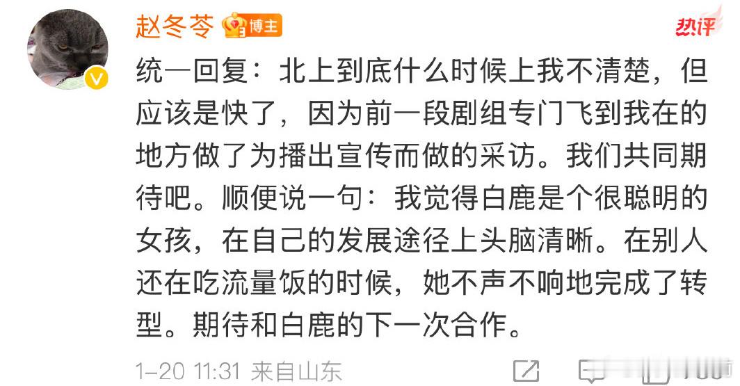 赵冬苓评价白鹿，“在别人还在吃流量饭的时候，她不声不响地完成了转型” 