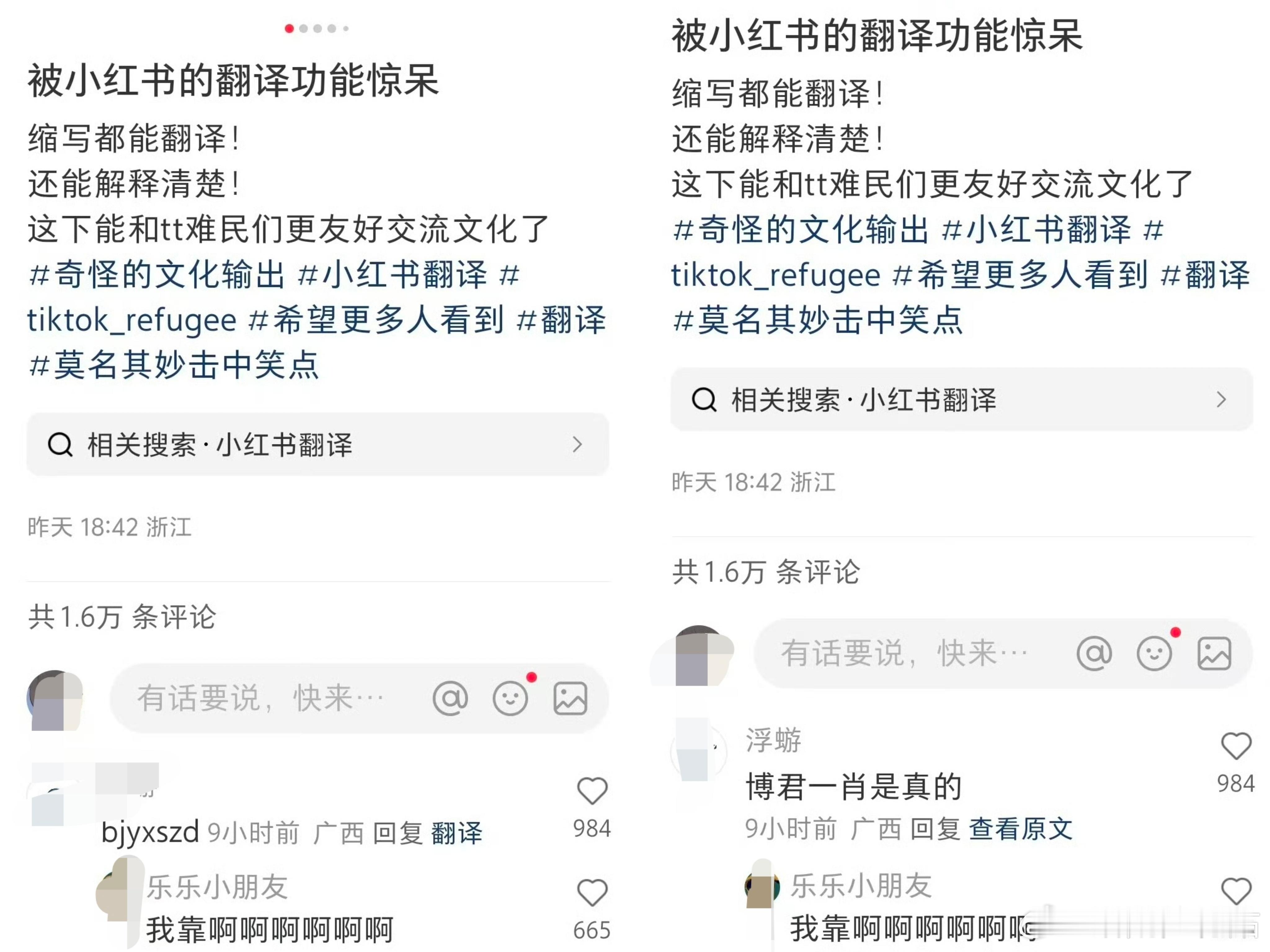 小红书这么短时间上线的翻译功能好高级啊，一些梗和词语用法都有注释。最搞笑的是bj