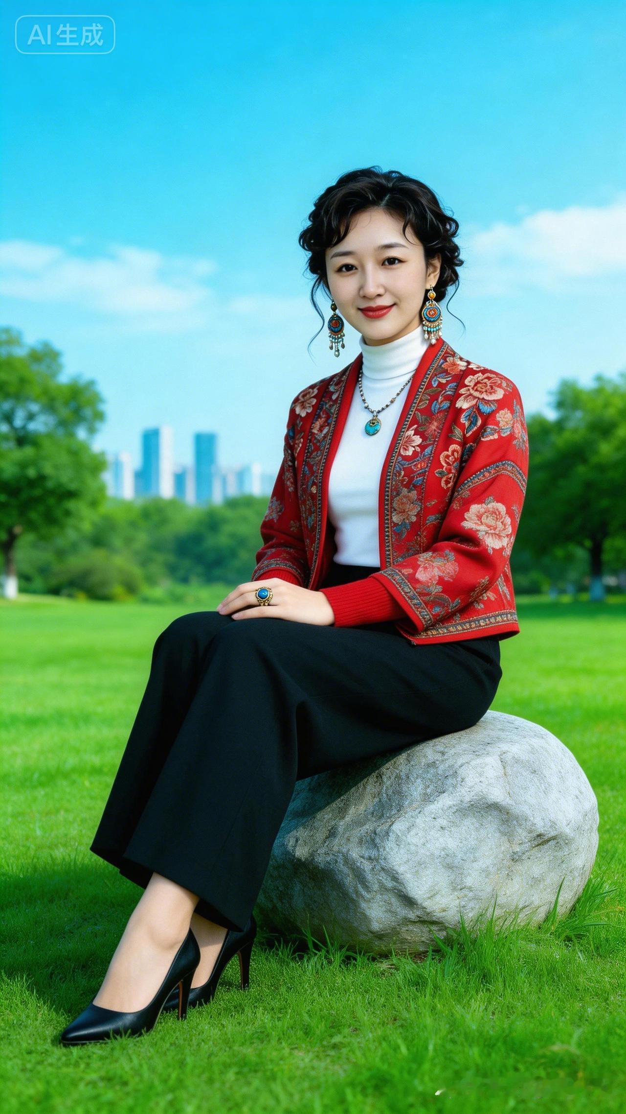 优雅红衣女子，静坐绿草如茵，城市天际线映衬背景，尽显都市时尚风范。