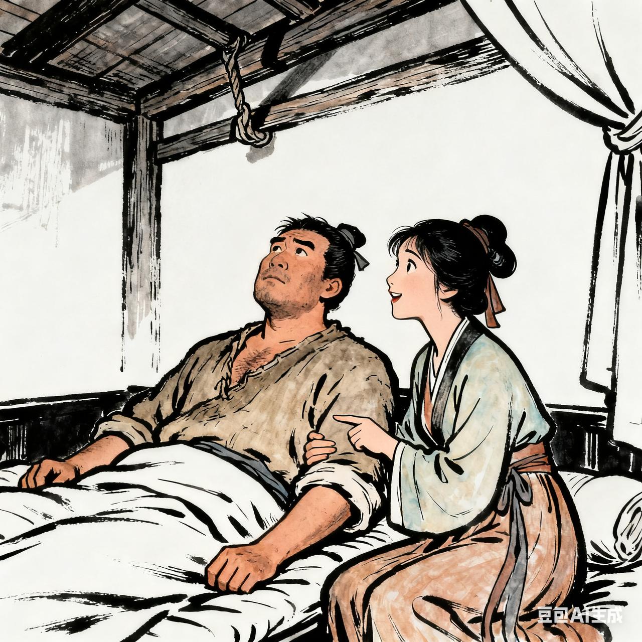 古代夫妻搞笑段子

刚成亲的小两口，夜里躺床上，丈夫盯着房梁发呆。妻子戳他一下：