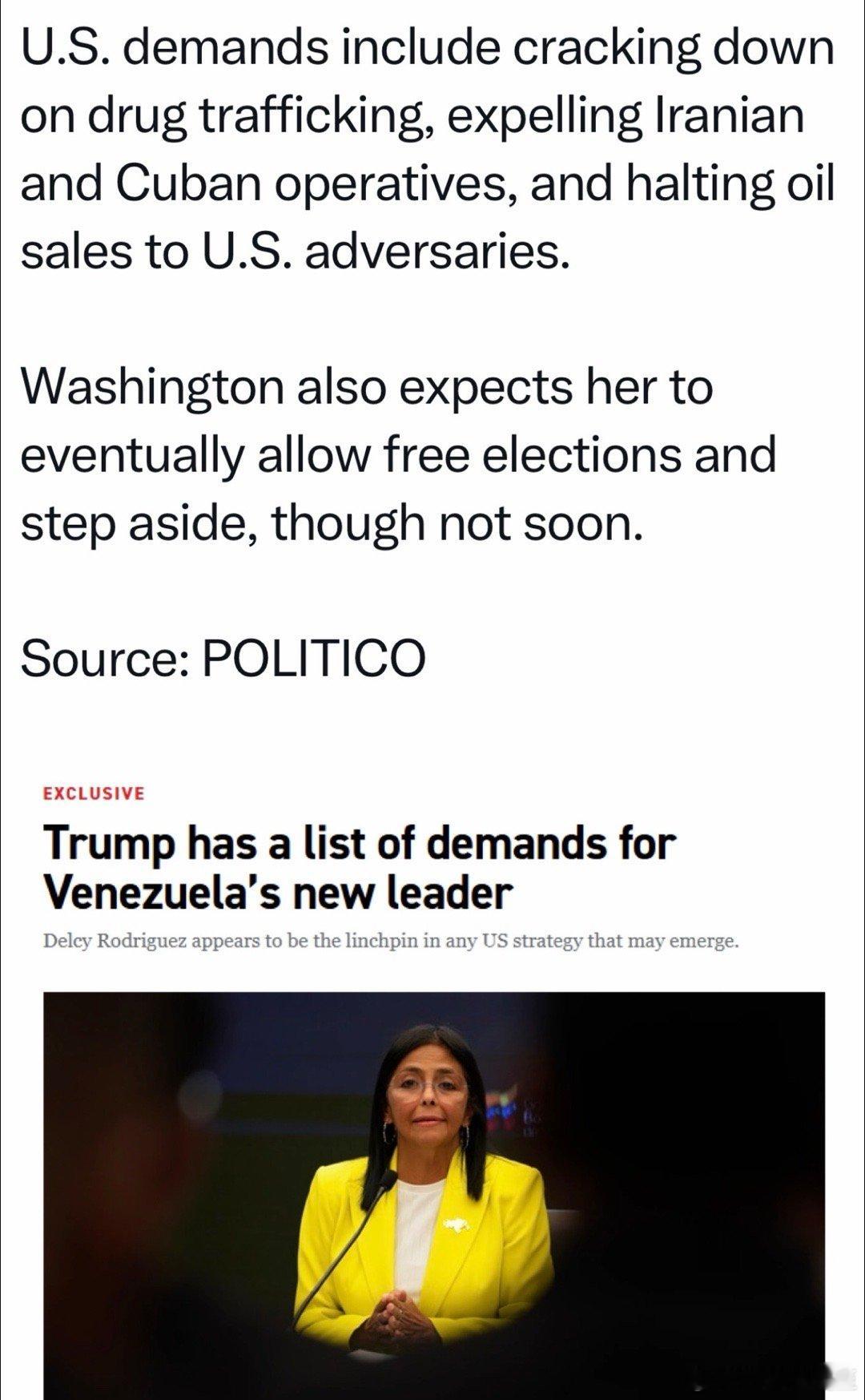 美国政府向委内瑞拉新领导层提出的要求：严厉打击贩毒活动、驱逐伊朗和古巴安插的人员