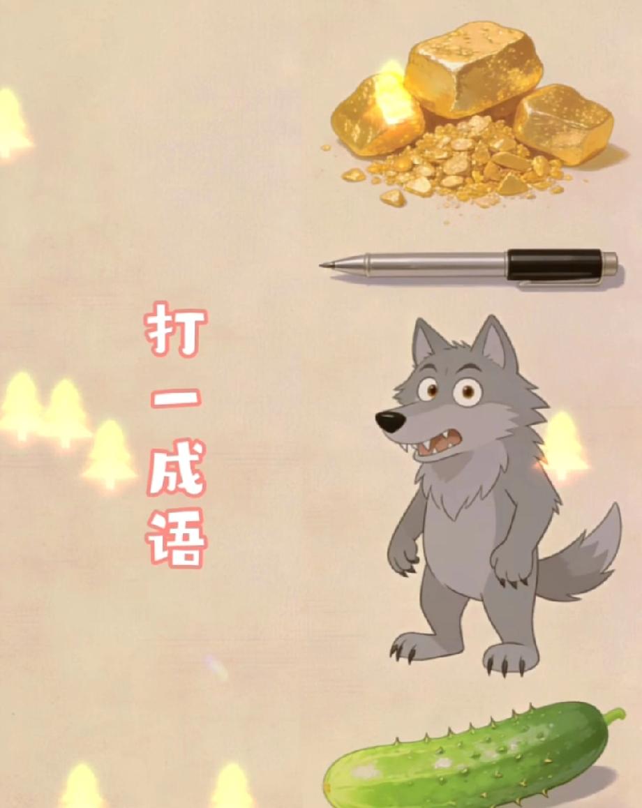 一堆金子、一支笔、一只狼、一根黄瓜，打一成语？
