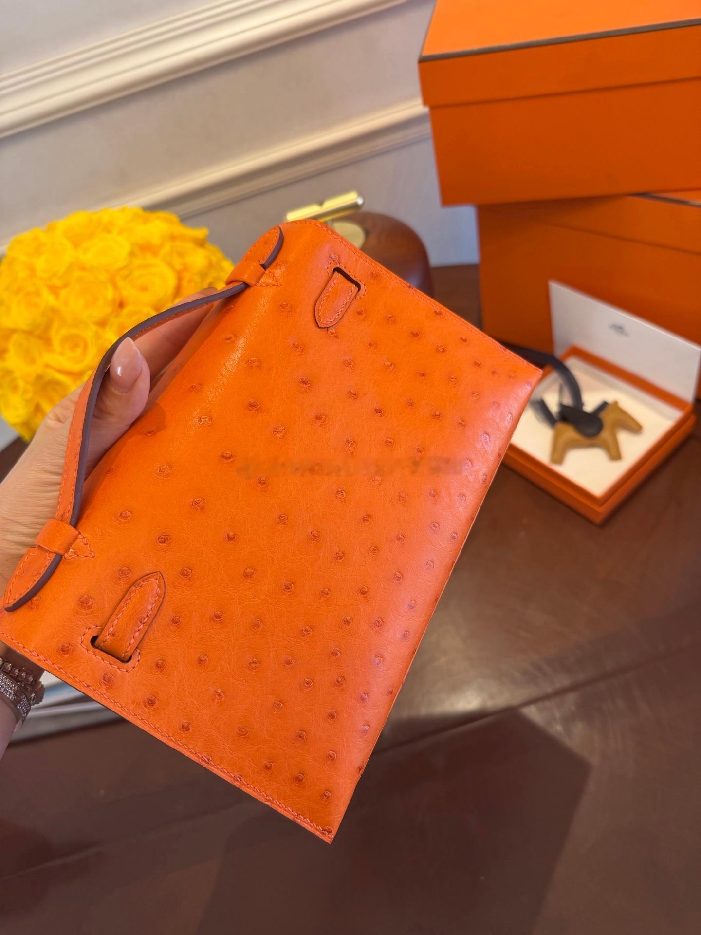Mini Kelly 一代 经典橙🍊 鸵鸟皮 金扣爱马仕hermes