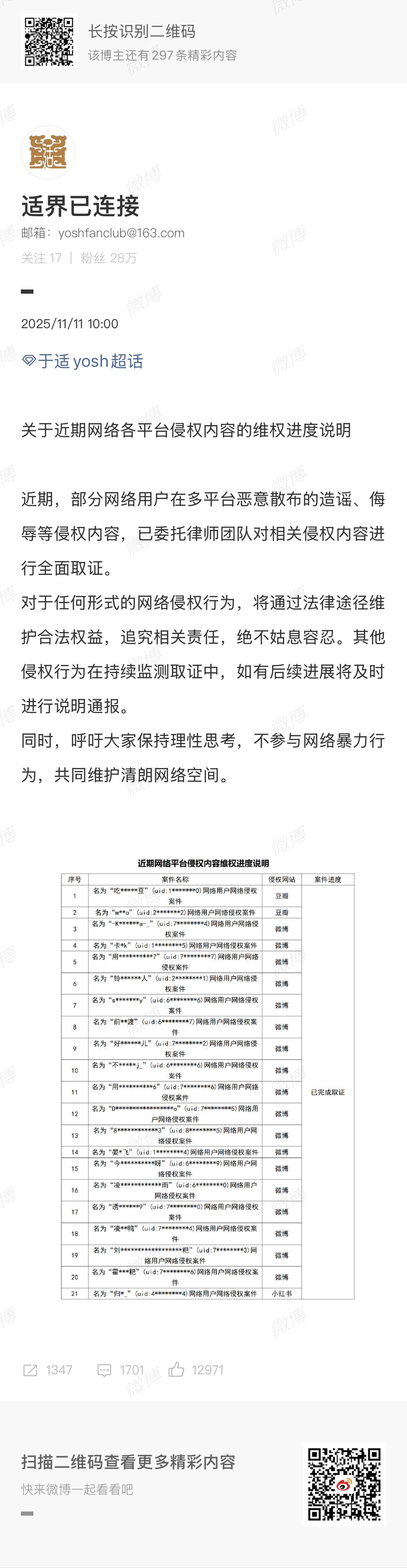 于适方告黑进度于适方告黑 于适方 发布《关于近期网络各平台侵权内容的维权进度说明