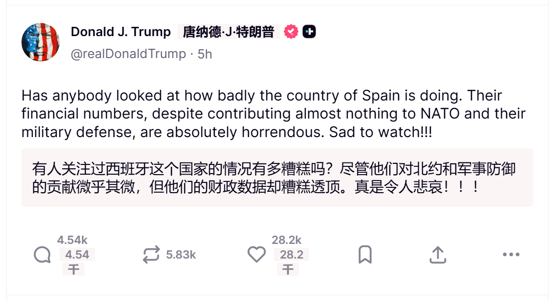 🔻特朗普假装昨天“在伊朗赢麻了”不存在了，开始喷西班牙。🔻via realD