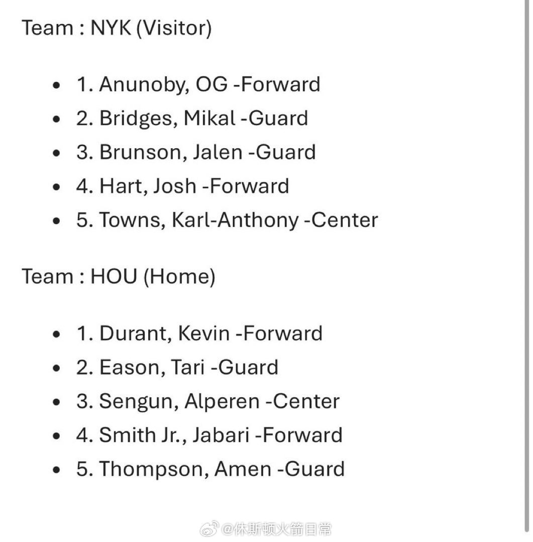 忘记发尼克斯首发了：布伦森、大桥、哈特、阿努诺比、唐斯尼克斯vs火箭休斯顿火箭N