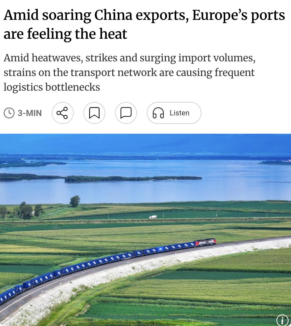 外媒：中国对欧洲出口在高温天气下持续升温，尤其是“降温类”产品需求激增，但也加剧