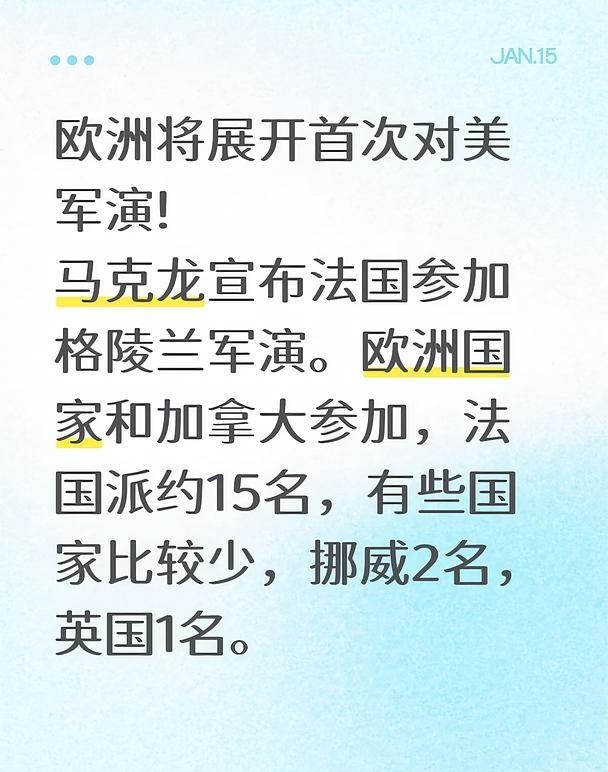 欧洲将展开首次对美军演!
欧洲将展开首次对美军演!
马克龙宣布法国参加格陵兰军演