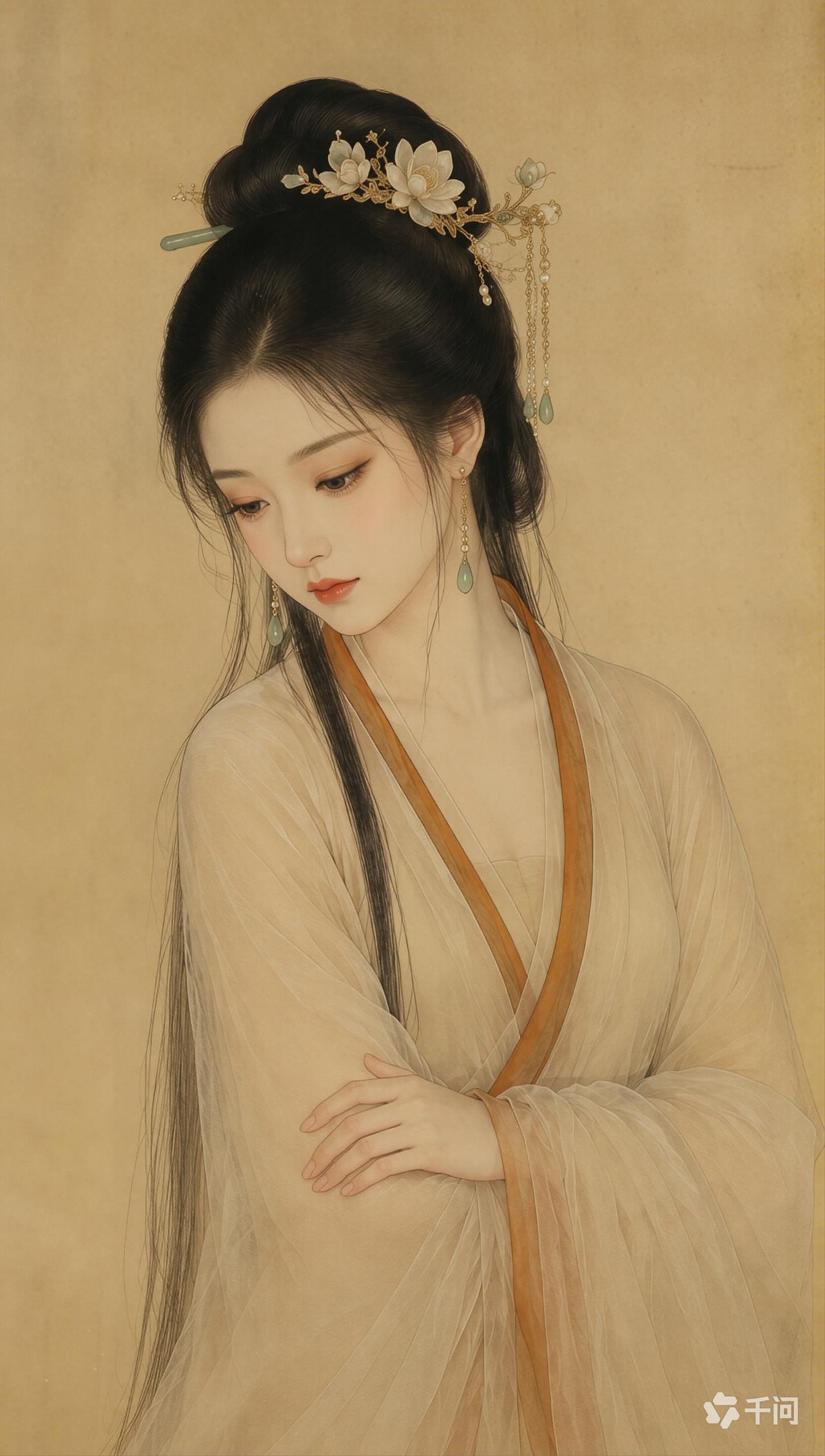 古风仕女图：服饰与人物画解析
这幅画作以细腻的笔触和柔和的色调，展现了一位身着传