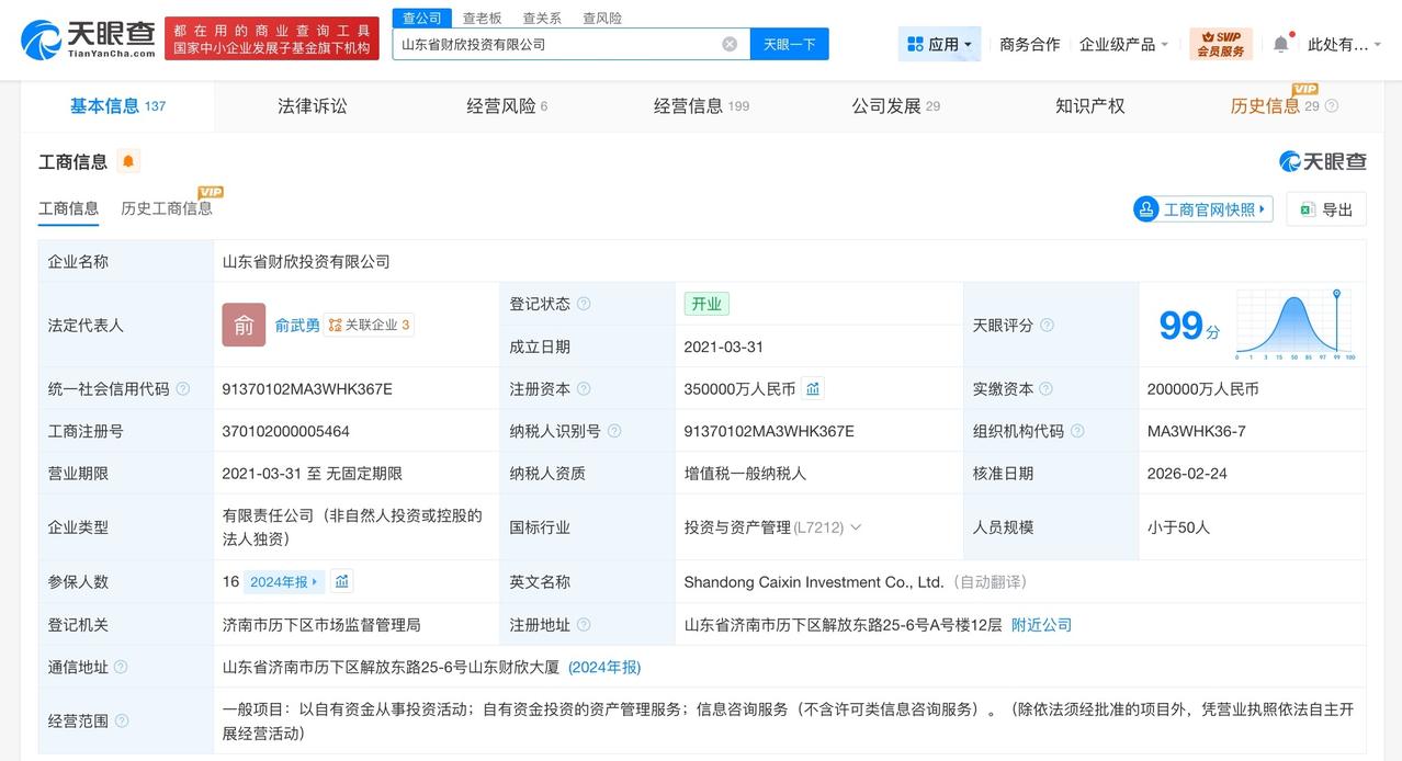 山东省财欣投资公司增资至35亿 增幅75%
天眼查App显示，近日，山东省财欣投