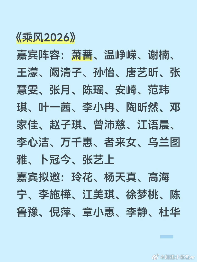 《乘风2026 》嘉宾阵容：萧蔷、温峥嵘、谢楠、王濛、阚清子、孙怡、唐艺昕、张慧