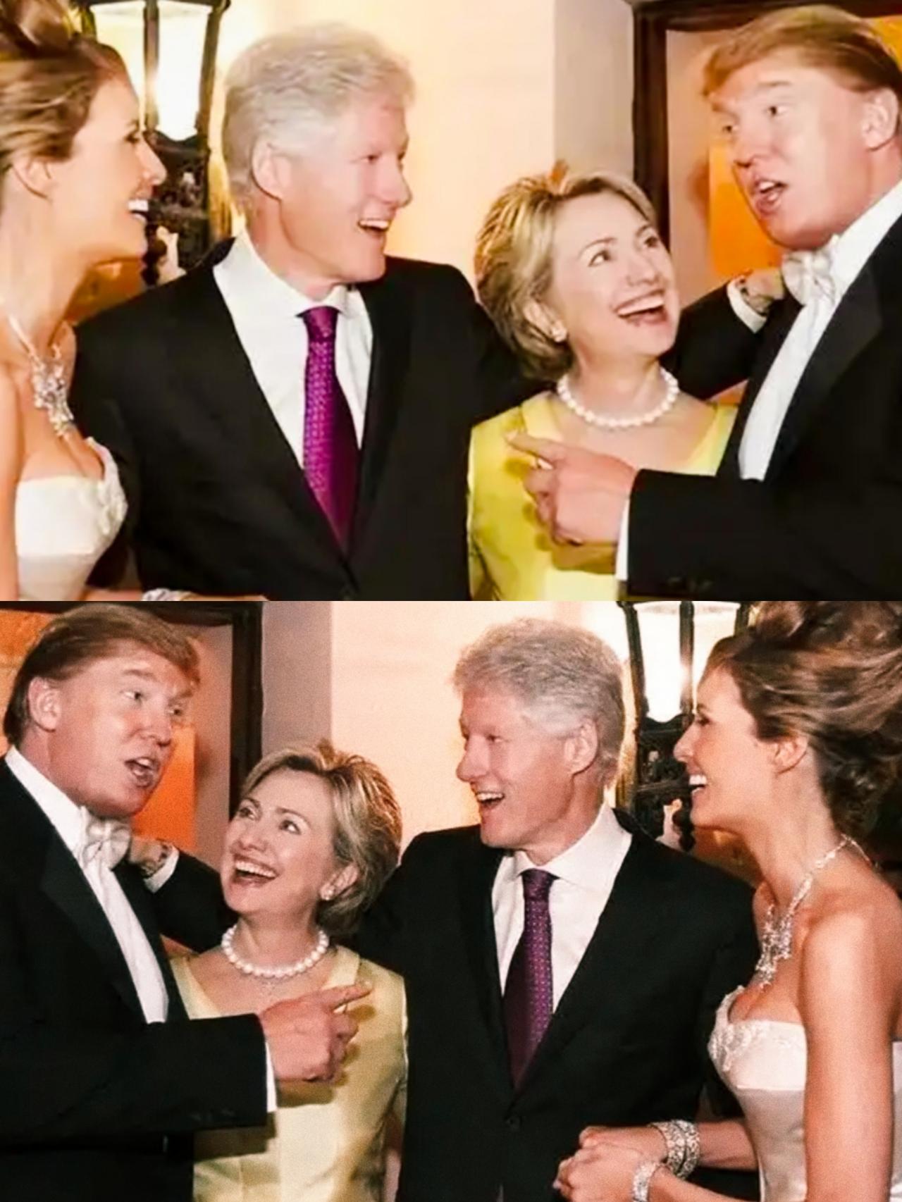 特朗普和克林顿夫妇看起来，是不是关系不错啊？
克林顿带着微笑和特朗普在交流什么事