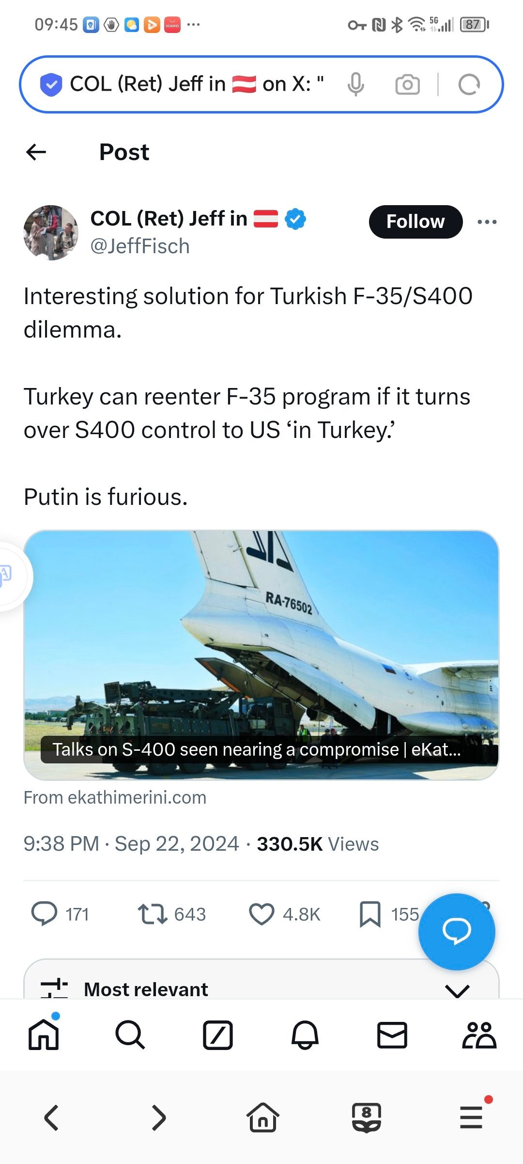 土耳其在选择F-35还是选择S400的两难问题，有一个有趣的解决方案。如果土耳其