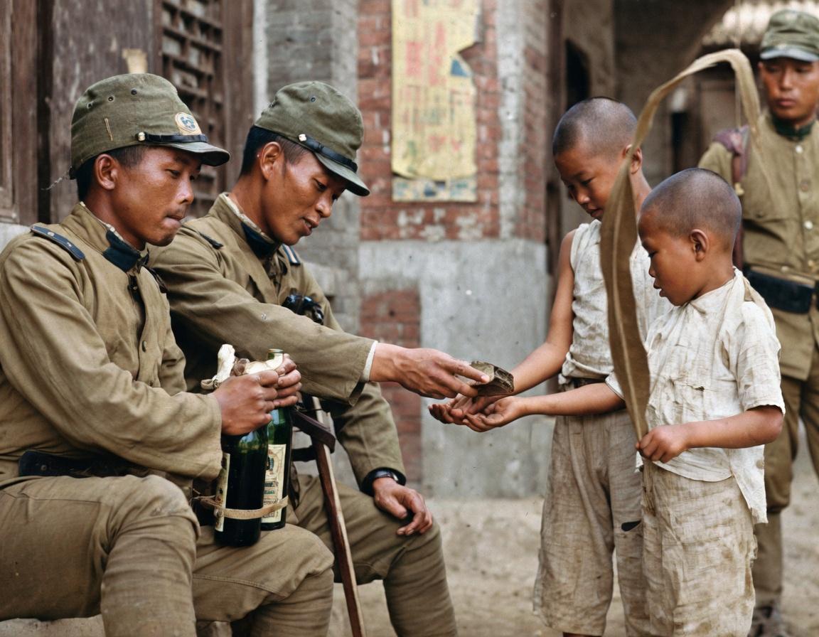 这张是侵华日军精心策划的“亲善”摆拍，两名日军士兵身着制式军装、头戴战斗帽，其中