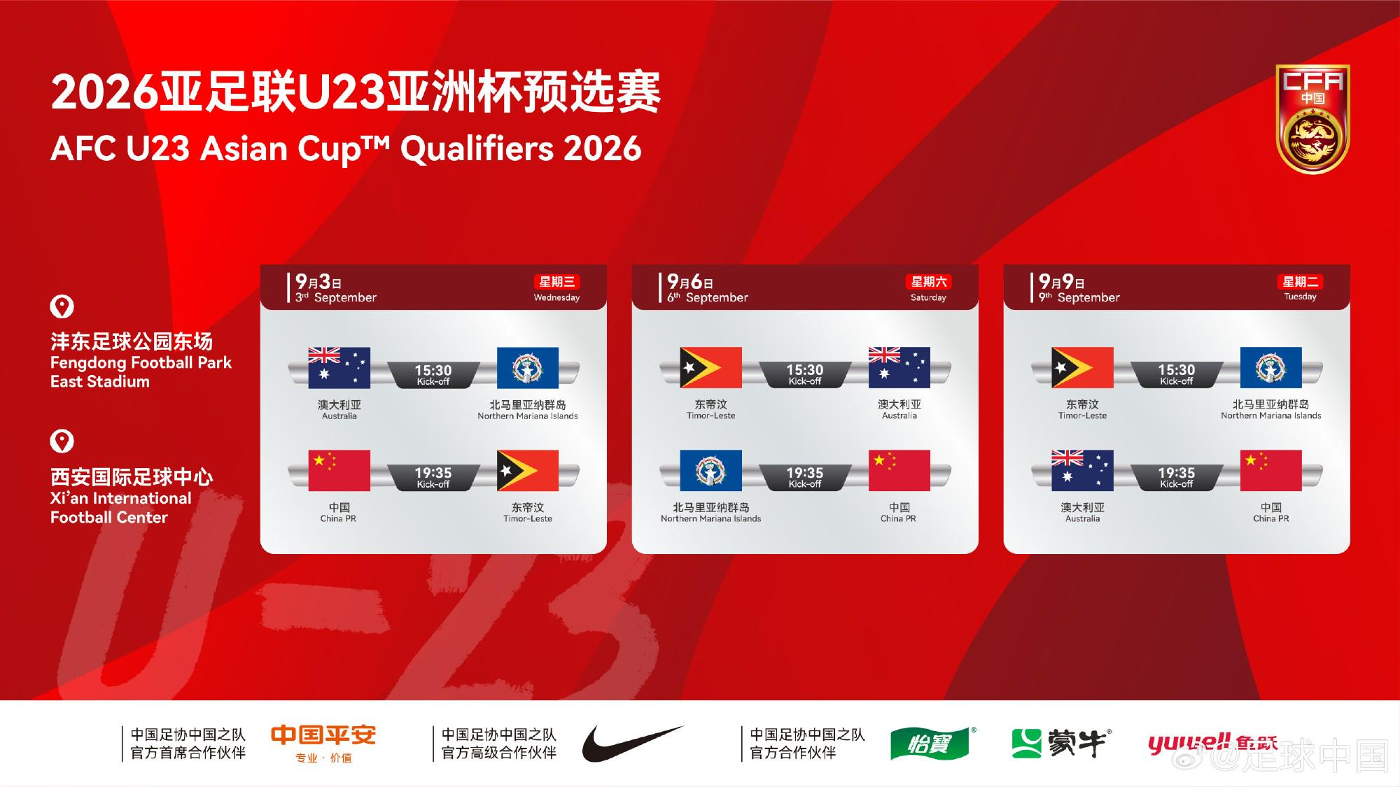 U23亚洲杯预选赛中国队赛程出炉 8月6日，中国足球队官方消息，2026亚足联U