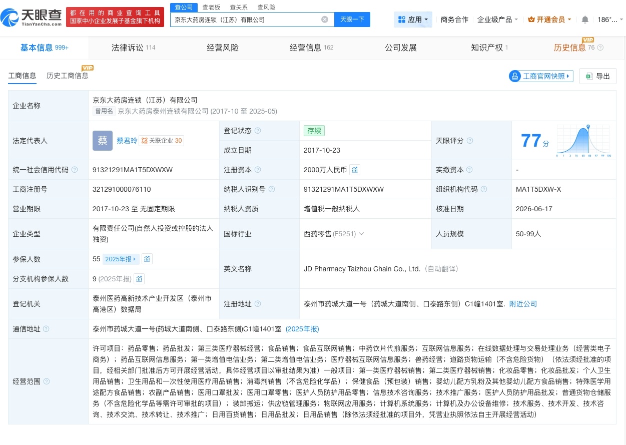 【京东大药房江苏公司增资至2000万 增幅100%】财报研究社Pro讯，天眼查A