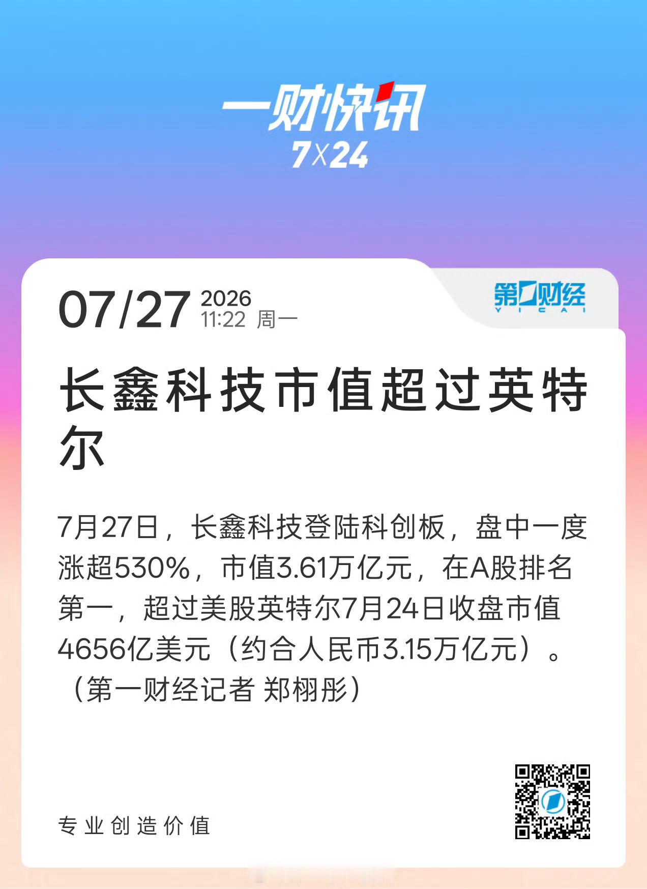 长鑫科技市值超过英特尔真的狠狠震撼到！长鑫上市首日暴涨531%，午盘市值冲到3.