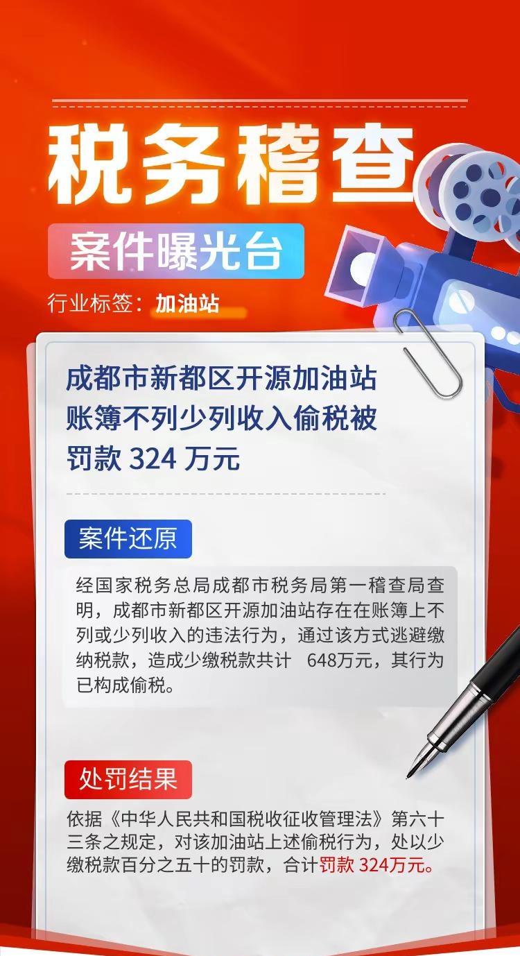 油站隐瞒营收逃税，重罚 324 万余元！成都这家加油站刻意少报经营收入，大肆偷逃