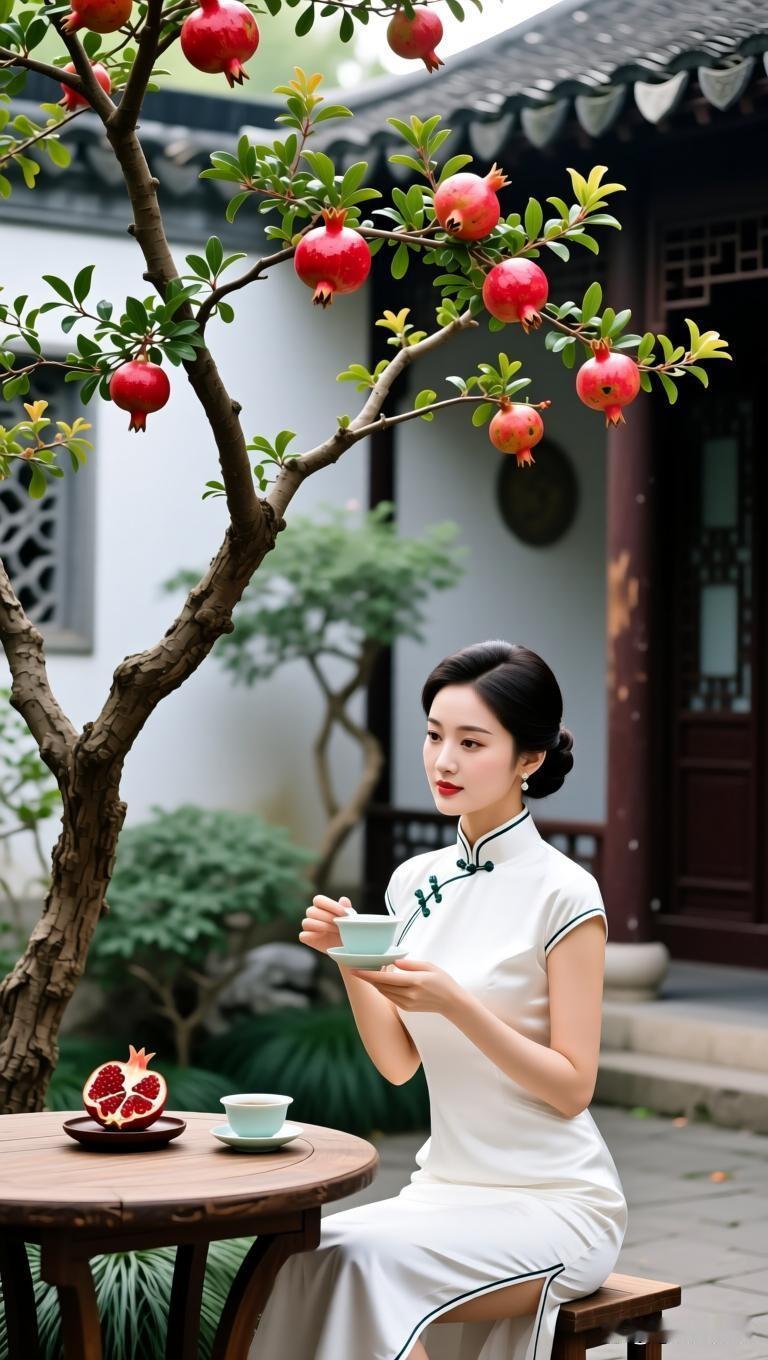庭院深深，石榴垂枝，红果似火，绿叶如翠。一袭素白旗袍的女子，静坐木桌旁，手捧青瓷