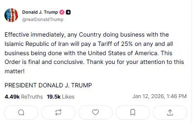 特朗普宣布对所有伊朗贸易伙伴加税25%，继委内瑞拉和格陵兰岛后他似乎又要再点一把