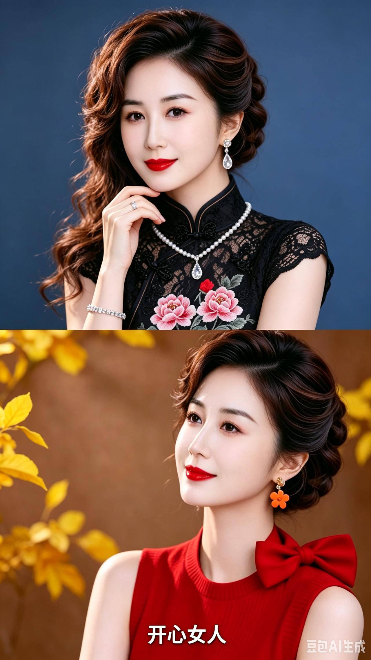 1. 上面身着黑色旗袍的这位女士，自带成熟温婉的韵味。一头卷发搭配精致钻饰，红唇