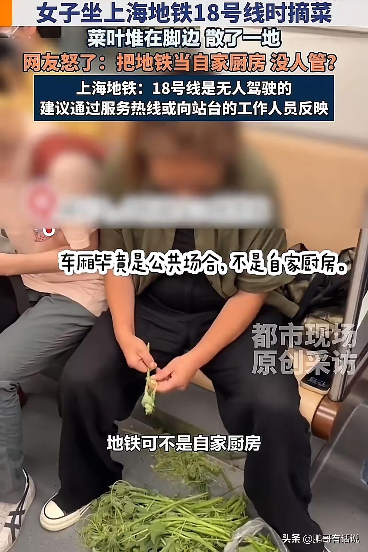 地铁里面摘菜，这事发生在上海，的确不大应该。