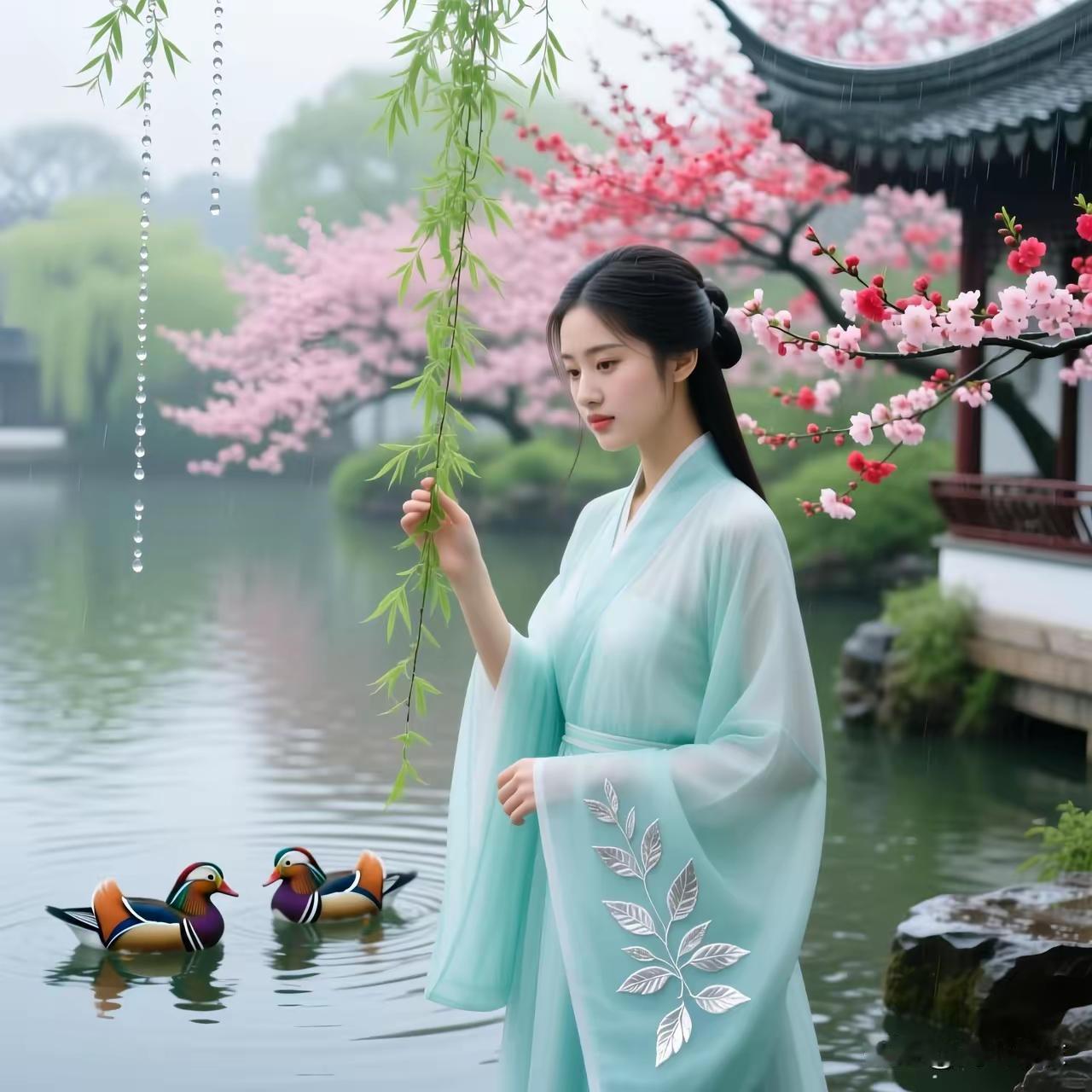 捣练子·阳春
烟柳软，杏花红，
细雨润枝春意浓。
鸳鸯戏水情缱绻，
一帘佳景入眸