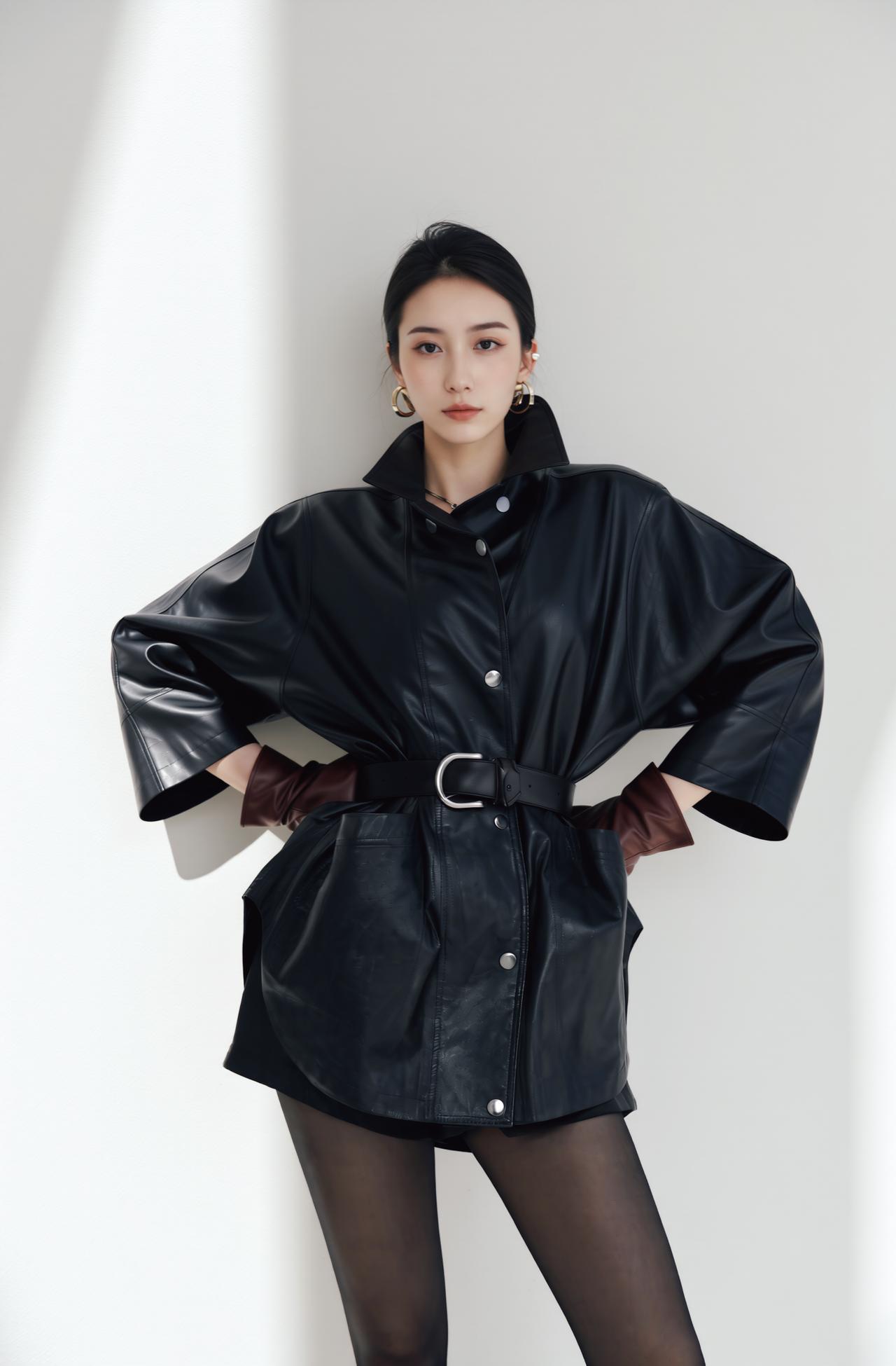 黑色皮衣的松弛感，被我玩明白了》黑色皮衣的松弛感，全靠腰带收腰拿捏！oversi