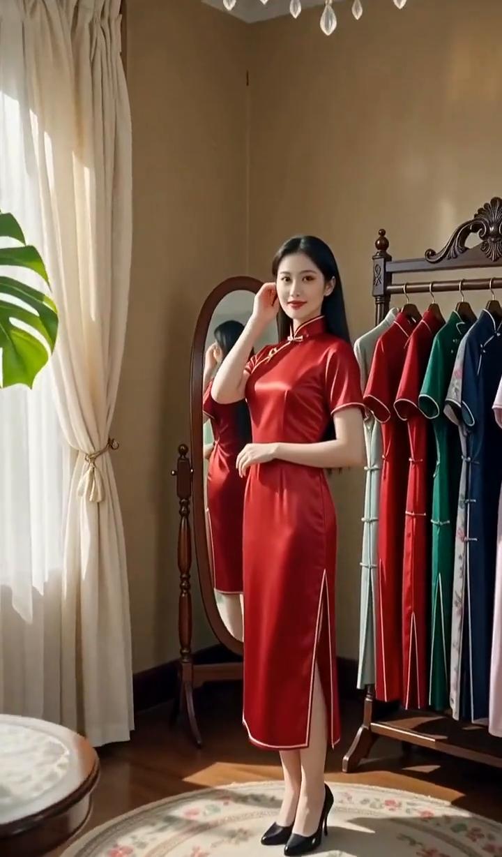 今天换件新旗袍，红的太抢眼了，换一件柔和点的，这个粉红更衬肤色。再试试这件花色，