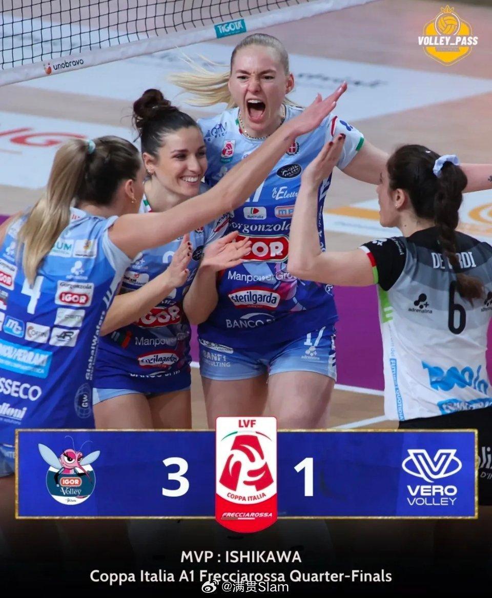 女排世界女排新闻 诺瓦拉3-1米兰石川真佑荣膺本场MVP 
