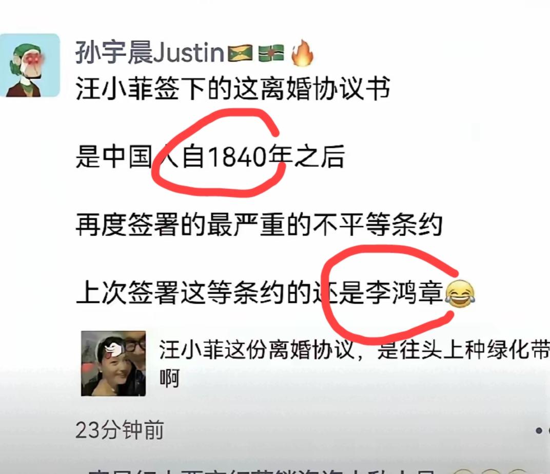 孙宇晨点评汪小菲和大S
简直是极度的讽刺

他说，这个离婚协议，是1840年以来