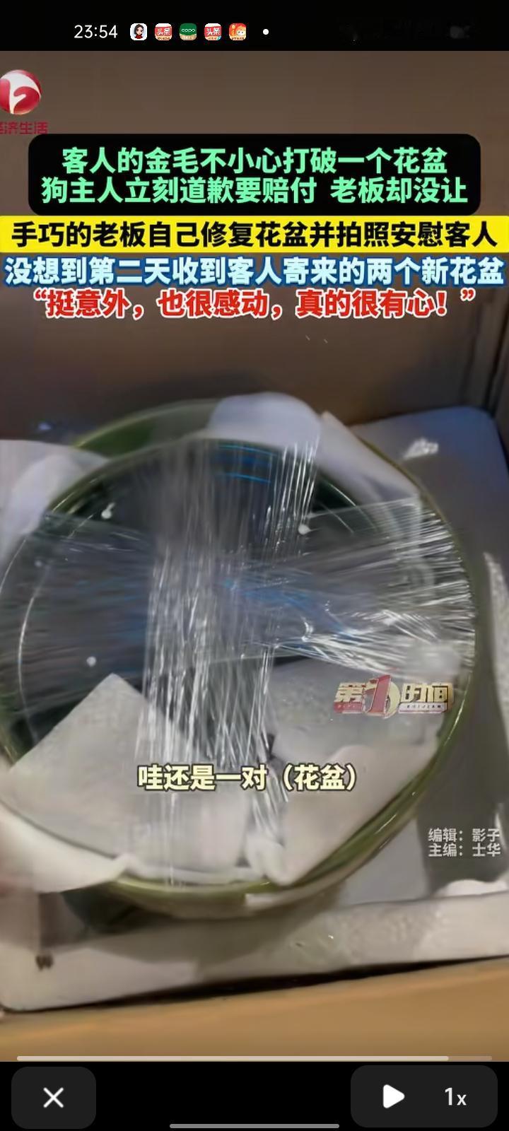 1月29日，广东广州。金毛不小心打碎一个花盆，顾客立刻向老板道歉并赔付，老板却没