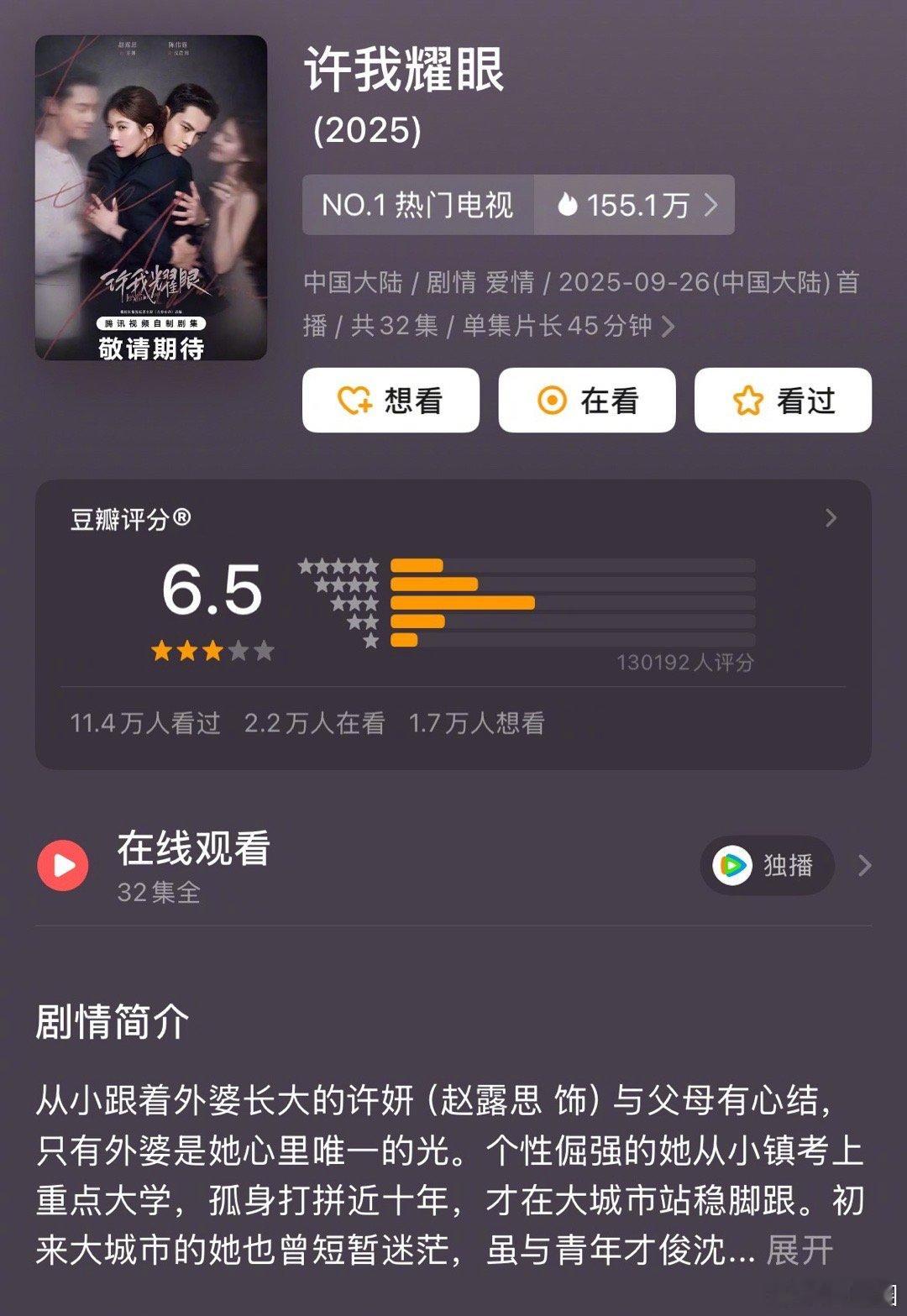 赵露思许我耀眼豆瓣出分6.5，高了低了～ ​​​