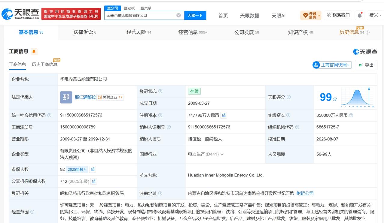 天眼查App显示，近日，华电内蒙古能源有限公司发生工商变更，注册资本由约70.8