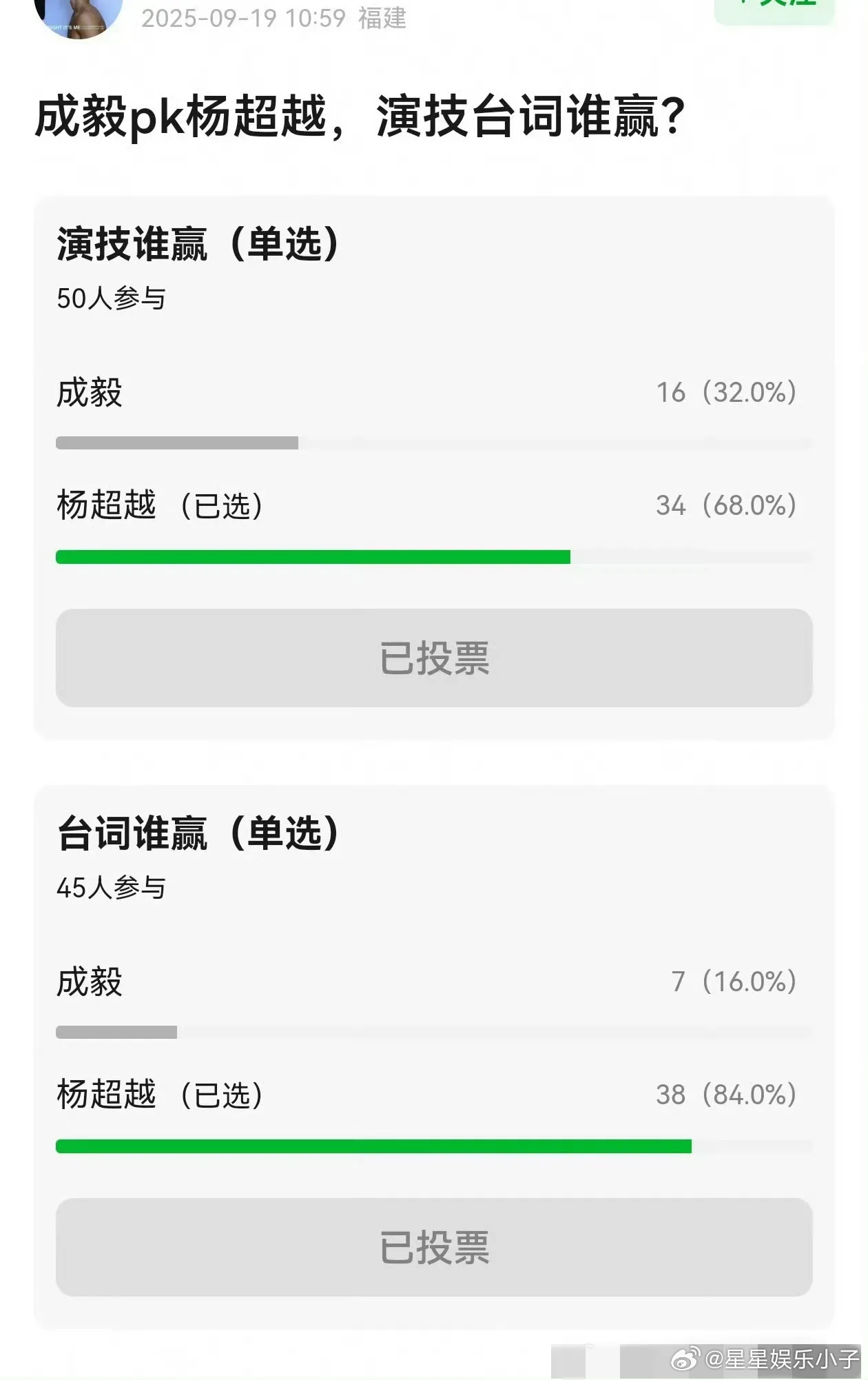 别看这几年很少看到杨超越的影视作品，但她都忙着拍话剧磨练演技和台词呢，所以投票赢