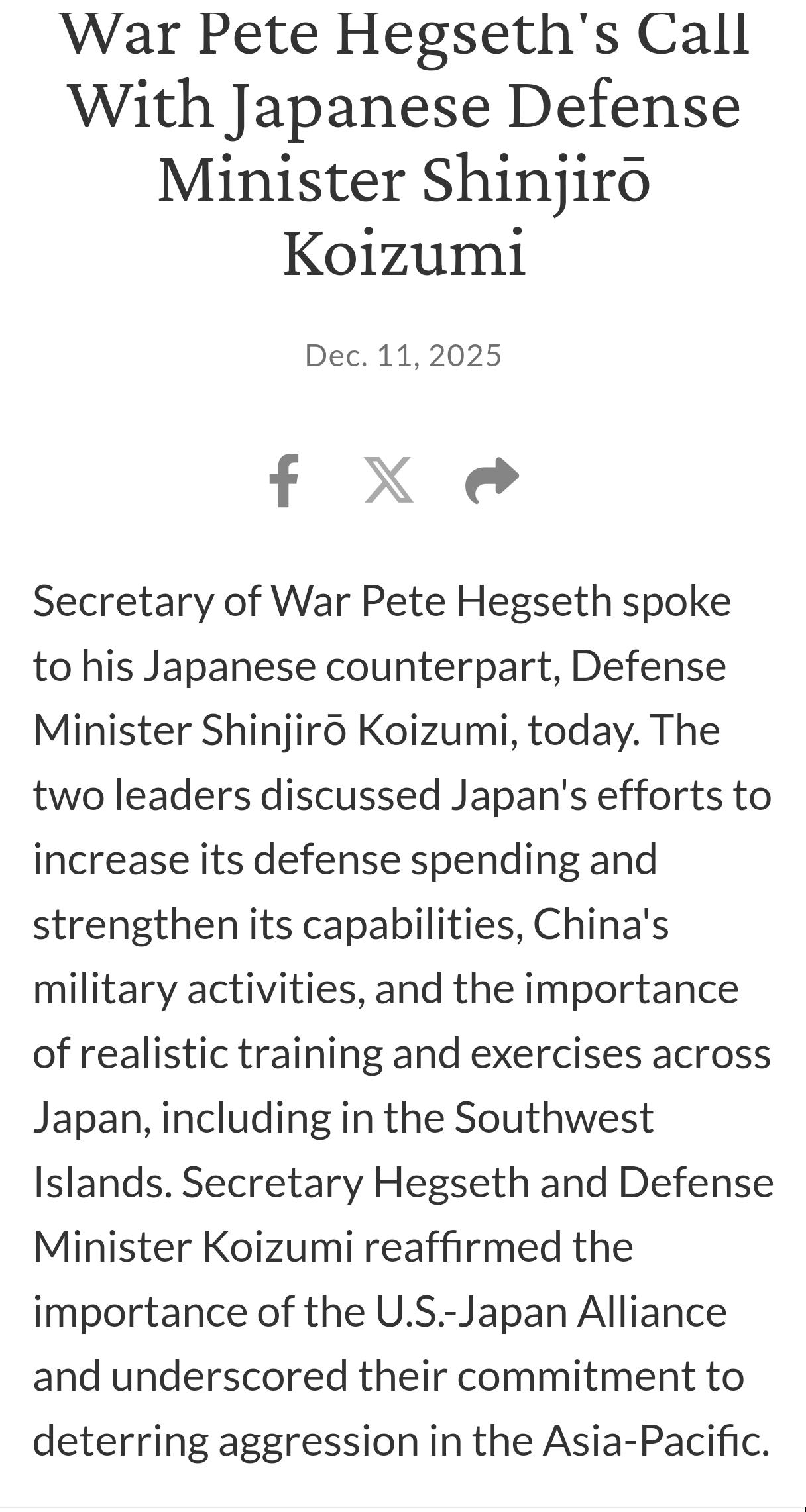 美国五角大楼公布的海格塞特与小泉进次郎通话内容:
今天，美国战争部长皮特·海格塞