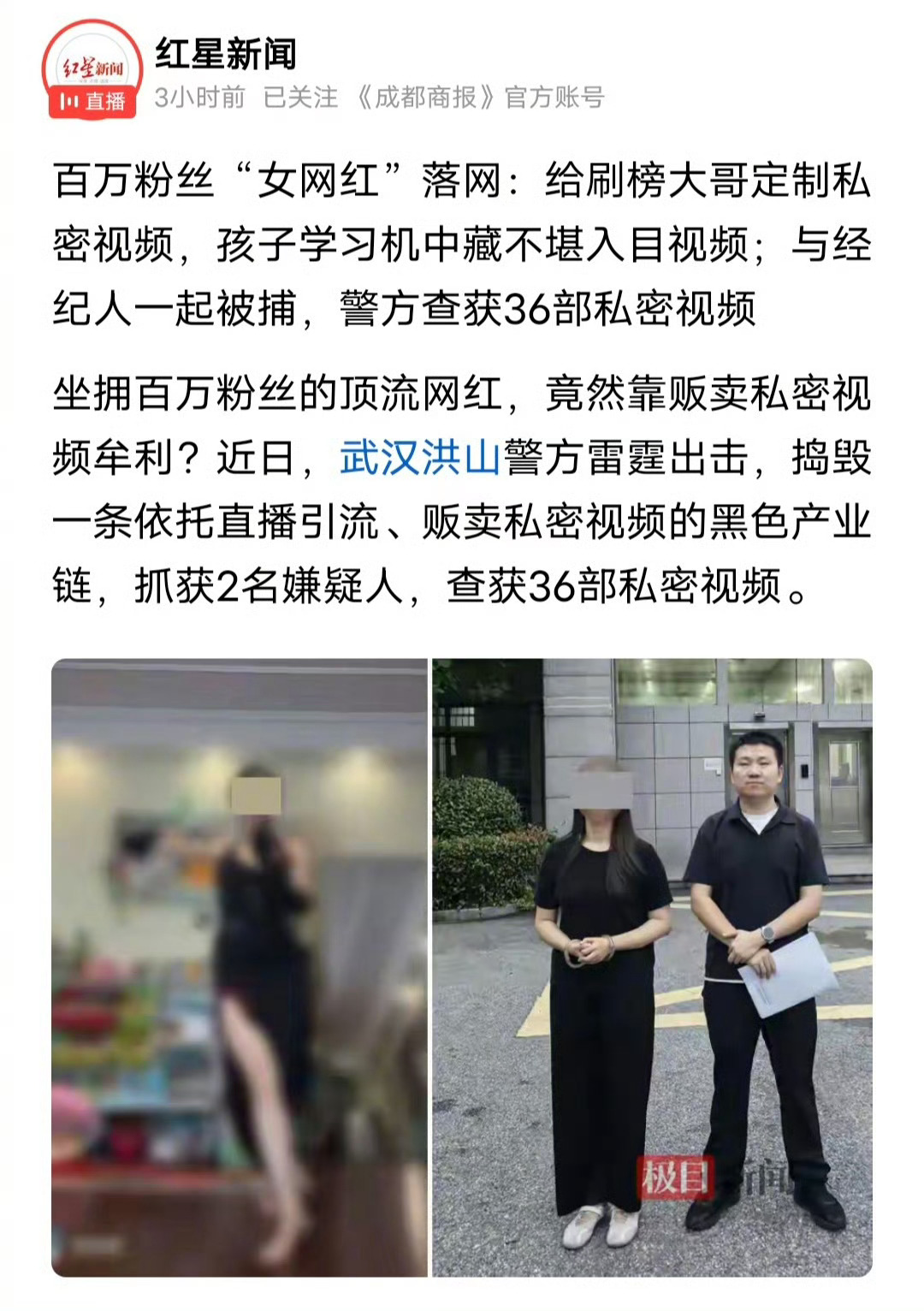 百万粉丝女网红贩卖私密视频被逮捕你说你都百万粉丝了，接点商务不好吗？非得下海捞钱