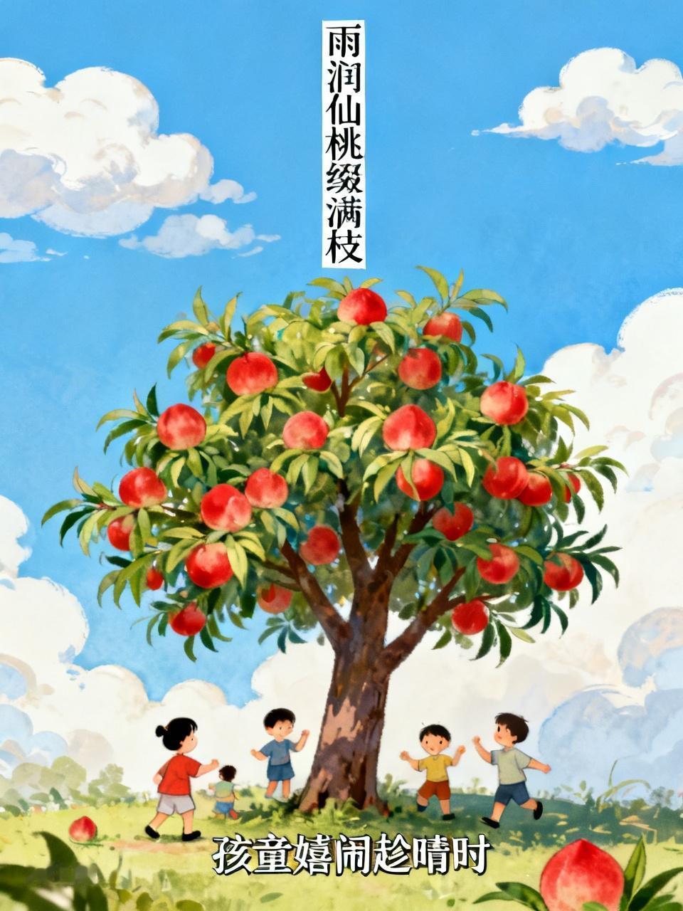 雨润仙桃缀满枝，
孩童嬉闹趁晴时。
一口清甜藏旧忆，
满脸惬意报人知。