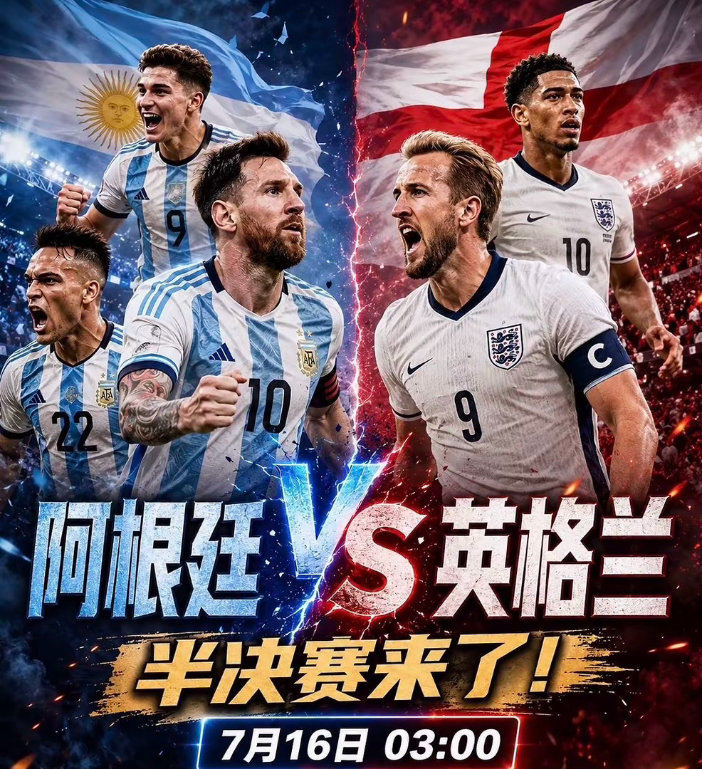 2026年美加墨世界杯半决赛第二场即将打响。北京时间7月16日凌晨3点，英格兰将