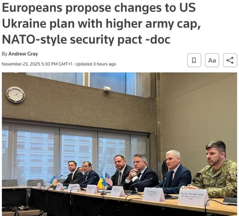 路透社也发表了一份英法德三国针对美俄解决乌克兰冲突“二十八条”方案提出的反方案，