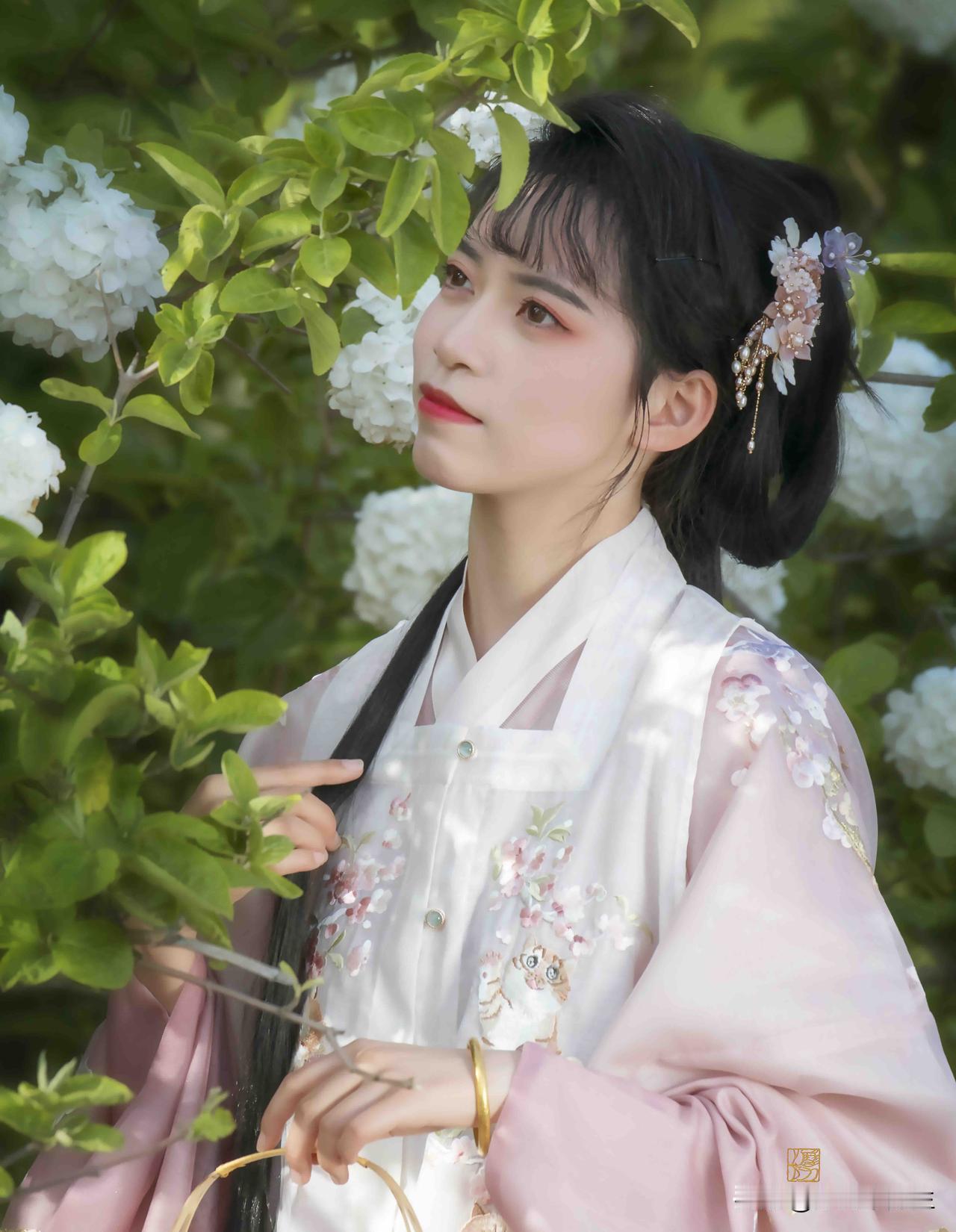 风遇春枝，花满琼芳。
粉衫携着半袖春意，在白绣球的清光里，慢数光阴。
鬓边的花与