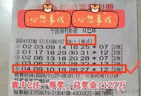 四川广元彩民一夜暴富！20元击中双色球2注一等奖，合计奖金高达1127万元！
在