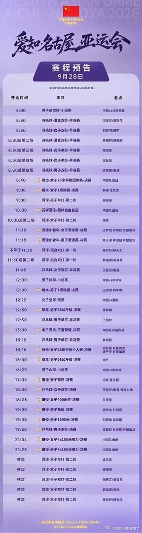 亚运会9月28日看点2026年9月28日，爱知·名古屋亚运会进入第九比赛日。当日